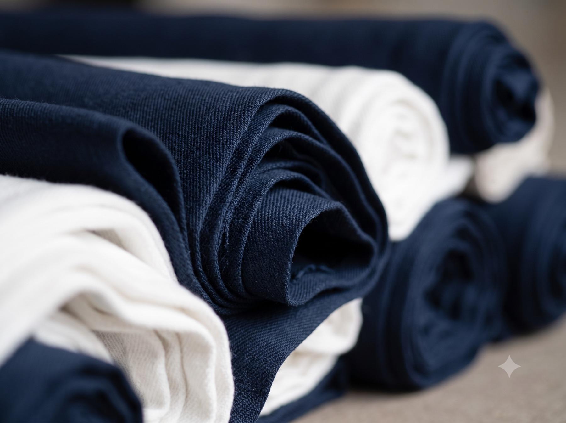 Layered rolls of navy and white uniform fabric