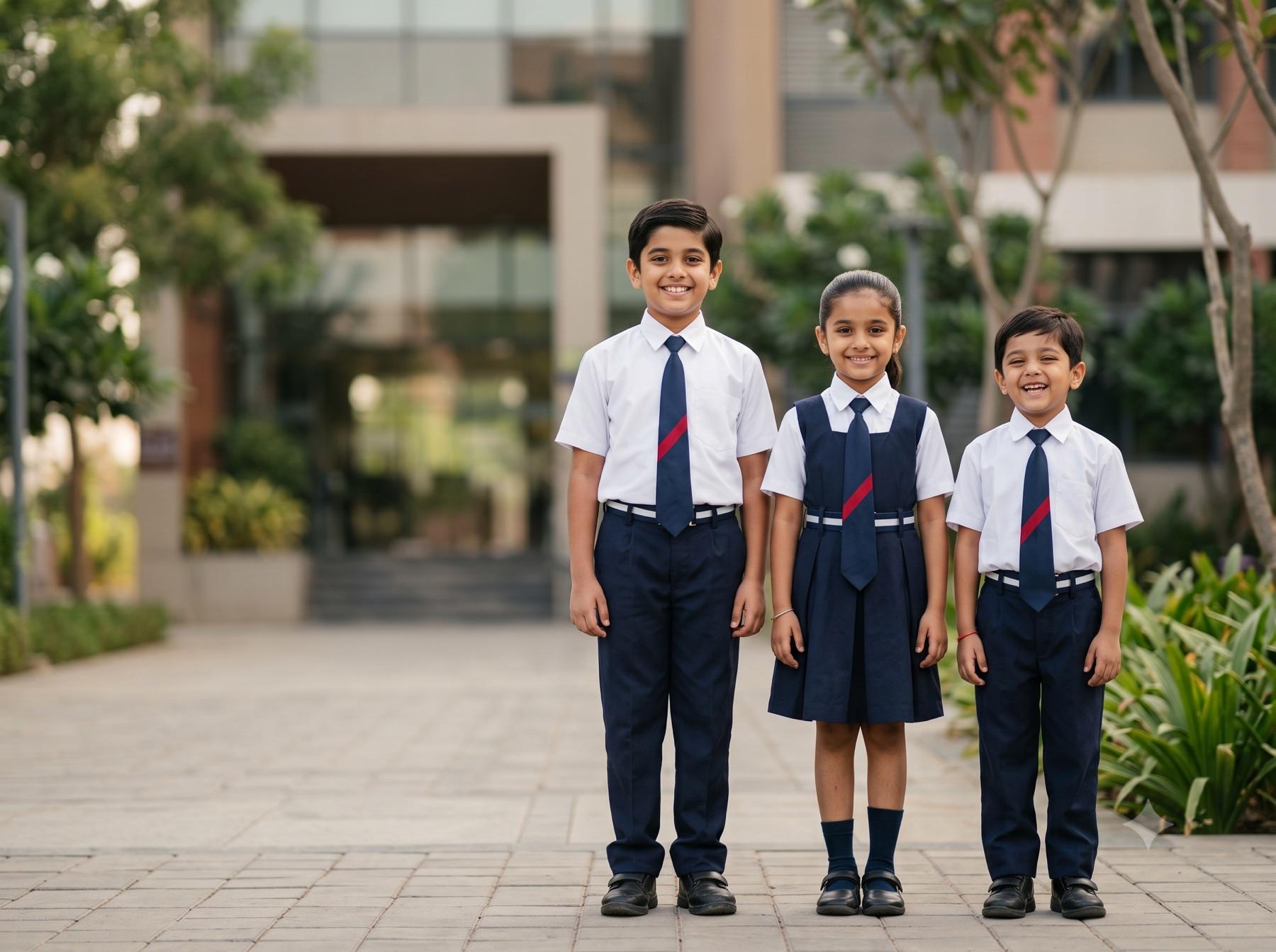 Indian schoolchildren wearing UNITRY uniforms outside a school